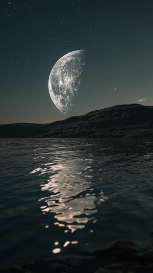 夜色静瑟，圆圆的月亮高挂夜空中，月影倒映在湖面上，8k