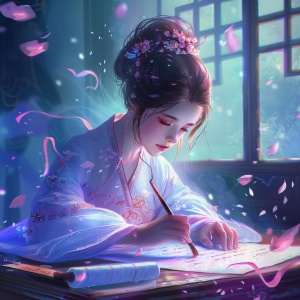 可爱女孩写书法的中国朋克插图