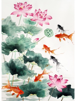 粉红色的莲花和绿色的荷叶与池中游动的金鱼的中国风格绘画。鱼的颜色各异,如红色、黄色或黑色,顶部只有一片睡莲叶子。白色背景,简单的构图,平面插图,采用中国传统水墨画风格,工笔绘图,高清、高分辨率、高质量。细节丰富,笔触细腻,纹理精致,美丽的艺术构思。