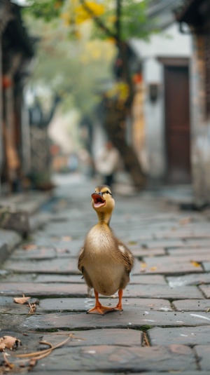 一只小鸭子，正吹着口琴在步街慢游。