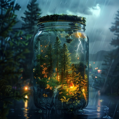 一个玻璃罐内装着一个空灵的森林，由闪电和雨水照亮，营造出一种神奇的氛围。这一场景以高分辨率捕捉，展示了透明容器内自然之美的超现实美感。ar3:4v6.0s 750