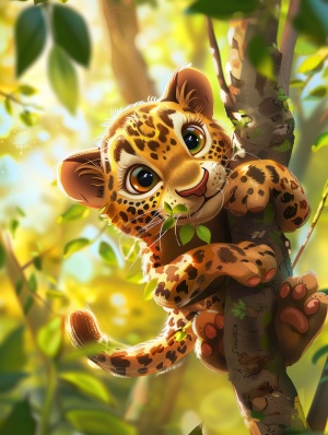 一个可爱斑点小豹子在森林里的树上玩耍 可爱 景色优美 儿童绘本插画 美丽 阳光 可爱 高清 皮克斯3D动画风格