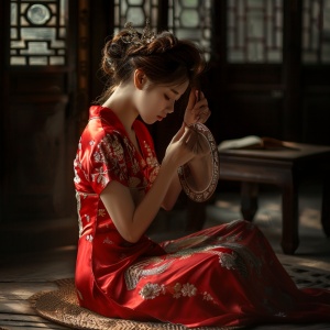 一位美丽的穿着红色旗袍的中国女子,盘腿坐在地上,手持古代镜子梳理头发。背景是深色木质家具,营造出电影般的氛围。使用索尼A7R5相机和微距镜头拍摄,这个场景散发着优雅和神秘的氛围,风格类似于中国古代的绘画。