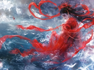 一个国风美女,穿着鲜红色的汉服,看不清脸,飘带飘在水中。在深海中。高清