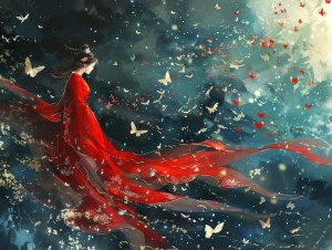 一个穿着鲜红色汉服的女子沉入深海中，旁边有金银的蝴蝶在身旁飞舞。