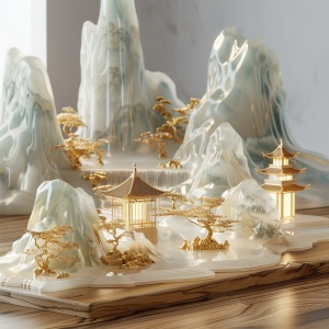 远视金色流体浮云3D模型微缩景观