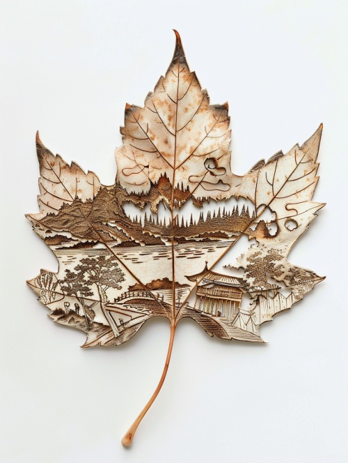 A maple leaf with intricate carvings of landscape, on white background, in the style of Zao WouKi.