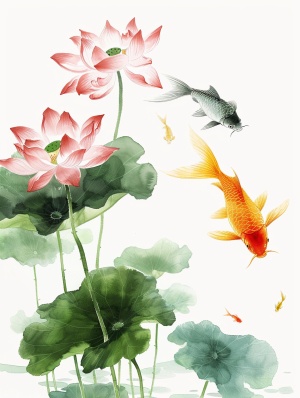 夏天，粉红色的莲花和绿色的荷叶，池中游动的金鱼，鱼的颜色各异：有红色、黄色或黑色，白色背景，简单的构图，平面插图，采用中国传统水墨画风格，工笔绘图，高清、高分辨率、高质量。细节丰富，笔触细腻，纹理精致，美丽的艺术构思。