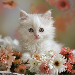 可爱的白小猫 穿花衣 鲜花