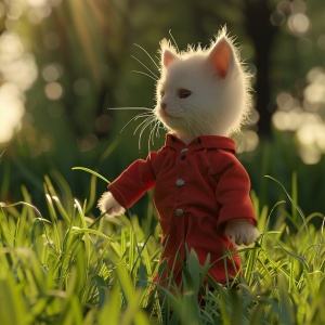 白小猫穿红衣服在绿草地抓物