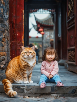 中国画风格下的小女孩与斑纹猫