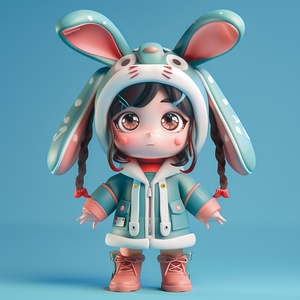 Chinese zodiac, super cute girl wearing rabbit shaped hat, tech elements, stylish clothes, super cute IP by POP MART, hbi, model, blind box toy, fine gloss, clean background, 3drender, OC rendering, best quality, 4K, super detail, front view, POP market toy, studio lighting, front view, standing pose, ar 3:4中国十二生肖，超级可爱的女孩带着兔子造型的帽子，科技元素，时尚的衣服，超级可爱的ip由pop mart，chi bi，模型，盲盒玩具，精细的光泽，干净的背景，3d渲染，oc渲染，最好的质量，4k，超级细节，正面视图，pop市场玩具，工作室照明，站姿🌟