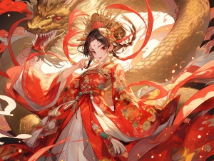 一条金色的中国龙，穿着红色汉服的女孩，红色的背景，周围散落着祥云图案，整个画面非常喜庆，充满了中国元素。