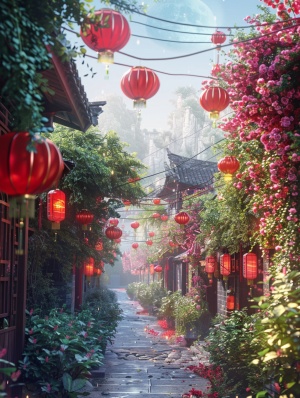 beautiful scenery, ancient attic, idyllic scenery, rice fields, high hanging red lanterns, brilliant fireworks, ancient bridges, green flowers, milky way in the sky, homestay, green vegetation, street, road, close perspective, positive perspective, thousands of lights, light, breath of life, plum blossom, 3d rendering, 3d lighting, photo realism, rendered images, super detail, super resolution, 8k, high definition