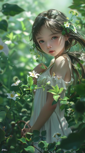 little anime girl , beautiful face , full length shot , so beautiful , stand on a peny , the flower with gold edges , green and white petals , clean background