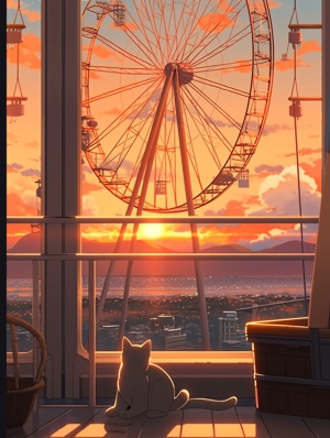 一只猫咪站在窗前，望着外面海上美丽的日出，画面中左上角落里可以看得见摩天轮的一角