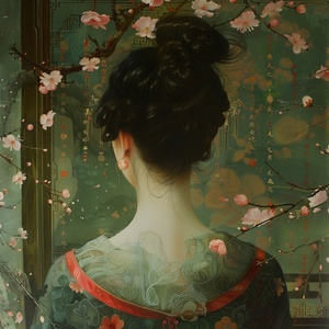 William Morris，Ray Caesar，Guweiz，Zdzislaw Beksinski，倪传婧，暗黑魔幻，怪诞梦境，春天，美艳，漂亮，中式建筑，窗外桃花,一个绝美的少女身穿清朝服饰，精致五官，复杂的发髻，满头的碧玺步摇头饰，没有血色的肌肤，大清盛世，裙摆飞扬，气势磅礴，王座，权杖，牡丹花，莲花池中，艺术品风格的古维兹女孩，美丽的花为背景，淡淡的西瓜红，Alfons Maria Mucha，x-ray，线条插画，景深，wlop，艺术绘画，陈家泠，近景模糊，8k，高清，超高细节，有层次的背景，叶瑞琨