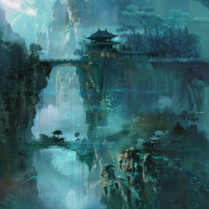 Chinese style,3D turquoiselandscape painting scroll,a suspendedpainting in the air,exquisite,with alot of text,ancient Chineseminimalism,macro perspective,3D,OC rendering,surreal details,fantasyhigh-resolutionandultra-highdefinition.ar 3:4v6.0s 750