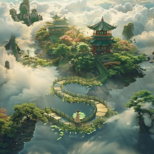 一条优雅的中国龙穿越一个古典园林,周围是精美的亭台楼阁和蜿蜒的流水小桥。一个小男孩穿着汉服站在飘浮在云层之上的莲叶上,景色如梦如幻。这个三维渲染图提供了高清视图。