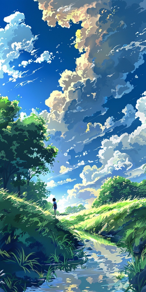 朝阳下，蓝天，白云，青草，溪流。宫崎骏的夏天