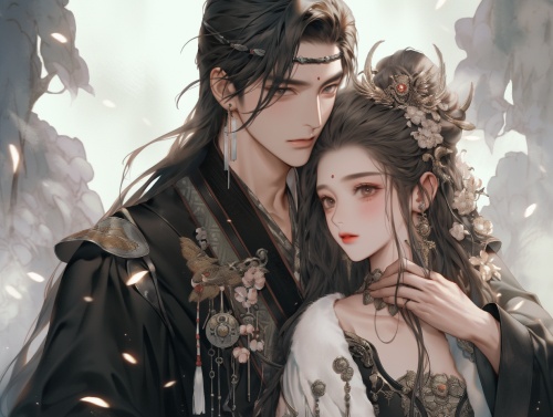 一男一女，女的被男抱在怀里，穿着中国古代的婚服，男的将女人抱在怀里，穿着古代将军的铠甲，男人眼神中是对女的温柔，女的身份是公主很漂亮