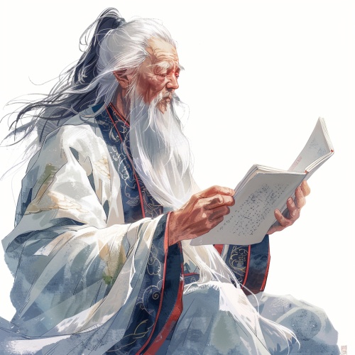 中国老者 ，长发，仙风道骨 ，长袍， 面容慈祥，手拿法器， ,看向屏幕,半身,白色背景,原色,真实的