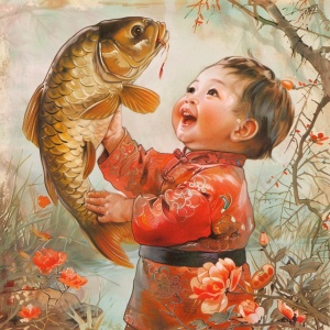 中国传统年画，年年有鱼，一个可爱的宝宝。手里抱着一只大大的鲤鱼。