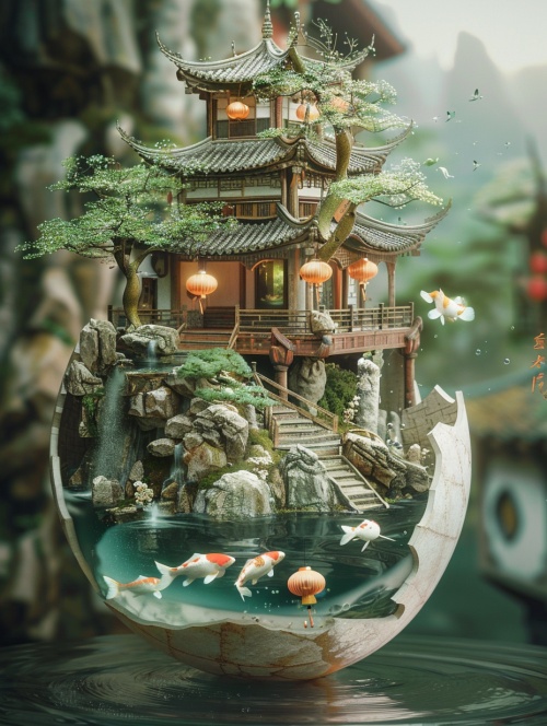 在破碎的蛋壳里，有一个类似中国庭院的微观世界，丰富的细节与传统的建筑，盆景树，一个小池塘与许多小锦鲤鱼，和精致的灯笼挂在树上，气氛宁静祥和，带着一丝神秘。