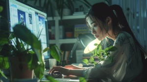 一个努力工作的中国女人，坐在电脑的旁边台灯照着脸上，然后在电脑旁边工作。电脑桌上面有绿植。