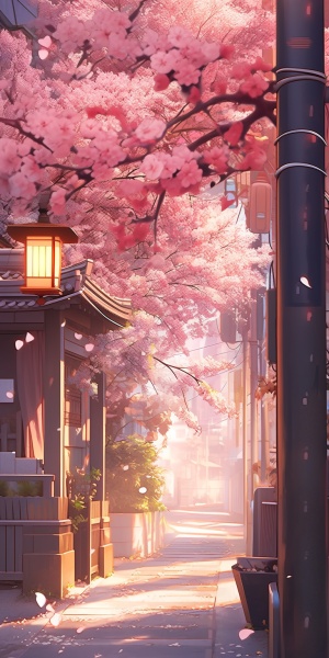风轻拂着樱花树枝，在街道上撒下一片绚丽的粉色海洋。街灯投射出柔和的光影，铺满了整条街道。小巷静谧而安宁，街道的拐角处，一座精致的小亭子，被樱花的花瓣装点得如诗如画。细腻的砂石路面上，漫步着几只雪白的鸽子。在晨风中飘荡的樱花瓣似乎是那街道的守护者，萦绕在每个角落，沐浴着整个城市的宁静与美丽。