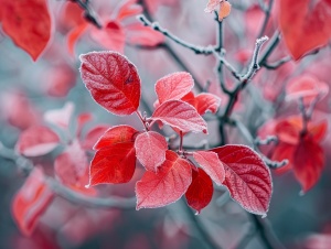 Frost on leaves, red like February flowers, simple elegance and tranquility, peaceful passage of time. These keywords aim to depict the essence of the phrase in a traditional Chinese style, portraying the beauty of frost-kissed leaves resembling red flowers in February, as well as the simple elegance, tranquility, and the serene passage of time.