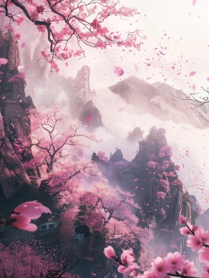 桃花，粉红色，满山遍野的桃花树，花瓣随风掉落,景深,自然光,晨光