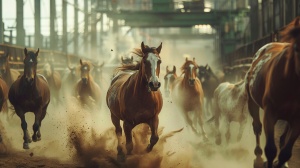1 herd of horses and cows, running freely, dusty, facing viewer, highly detailed, professional photographer's lens, Kodak Portra 800 film, wide-angle lens, photographer Dan Winters, peak of photographic skill, cinematic photography style, background of power station duty room, steel factory, overhead crane, sparks, master level photography, studio lighting.