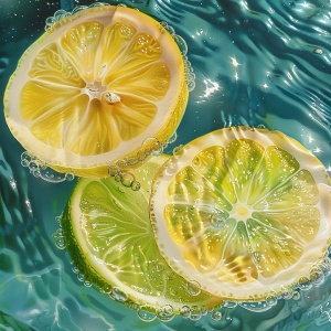 水面漂着黄柠檬片和青柠半个，水是玻璃质感的气泡水，整体画面带着夏天清爽，颜色是渐变的绿色，v6，ar3：4。