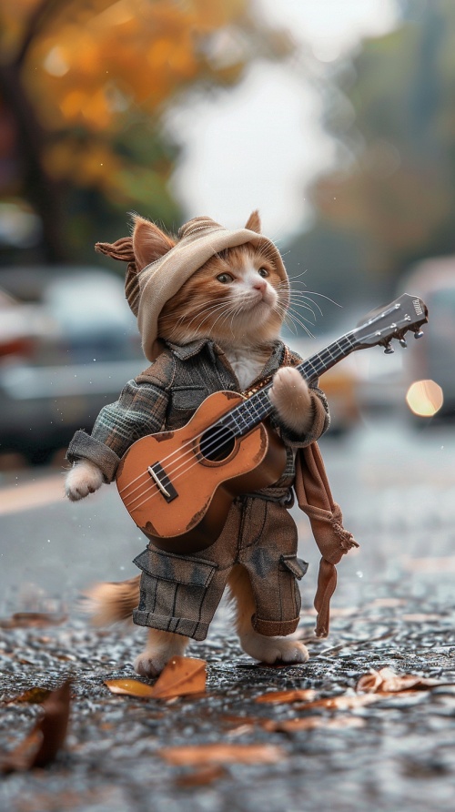 一只站在大街上的小猫，身穿帅气的衣服，手里拿着吉他