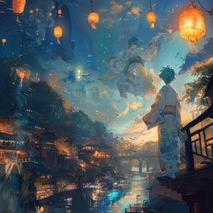 幽蓝色头发和服美少年幽灵飘在空中，看着人们将灵灯放在河上，飘向远方