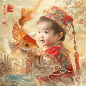 中国传统年画，年年有鱼，一个可爱的宝宝。手里抱着一只大大的鲤鱼。