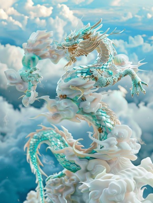 Dragon on clouds, translucent glass, zorush,turquoise and gold style, turquoise and white, elaborate, 3d, c4d rendering, 8k, super high detail