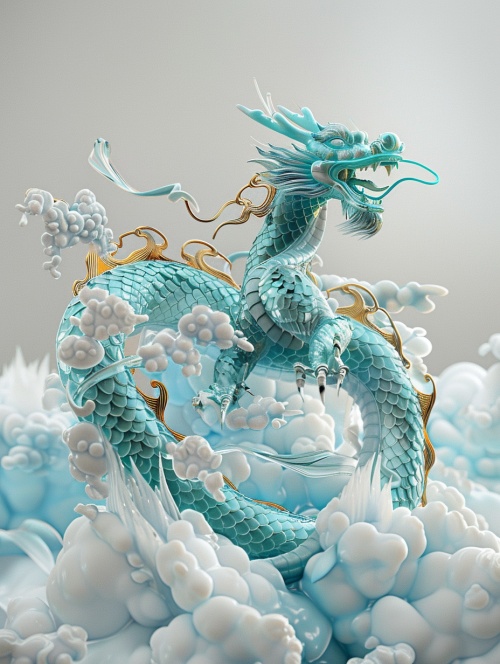 Dragon on clouds, translucent glass, zorush,turquoise and gold style, turquoise and white, elaborate, 3d, c4d rendering, 8k, super high detail