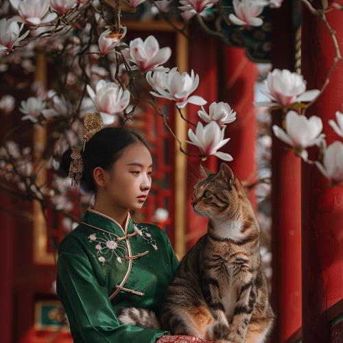A oversized brown and white Devon Rex cat and an Asian girl dressed in green hanfu with short hair, sit on the red palace walls under blooming magnolia trees. The scene is adorned with exquisite gold ornaments. creating a dreamy atmosphere. This photo captures their elegant posture, showcasing detailed fur textures and soft lighting.