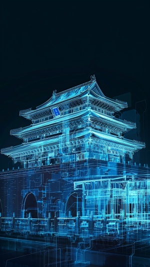 A wire-frame hologram of China's Forbidden City, where glowing blue lines form intricate patterns around its iconic building against anisolated dark background. The design showcases detailed architectural details and features, creating a visually stunning representation of the building. This digital art piece is the perfect creative project needed to convey historical significance and future technology in the style of 8k