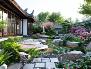 新中式园林景观，叠水，花草，高档品质，豪宅园林
