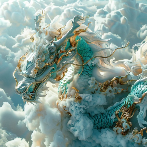 Loong on clouds, translucent glass, zorush,turquoise and gold style, turquoise and white, elaborate, 3d, c4d rendering, 8k, super high detail