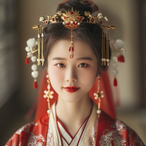 一个非常美丽的中国女孩，18岁，公主，凤冠霞帔，中国风，唐朝，淡淡的腮红，红色嘴唇，精致的耳坠，微笑，红色汉服，面对镜头，全身镜头，全身照，全身，最佳质量