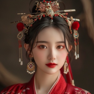 一个非常美丽的中国女孩，18岁，公主，凤冠霞帔，中国风，唐朝，淡淡的腮红，红色嘴唇，精致的耳坠，微笑，红色汉服，面对镜头，全身镜头，全身照，全身，最佳质量