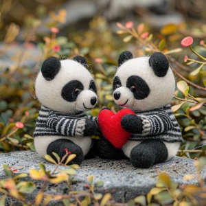 两只可爱的小熊猫手牵手,坐在地上,彼此愉快地微笑着,由毛毡材料制成,怀里抱着红色心形毛绒玩具,营造出浪漫温馨的氛围和清晰的细节。背景是模糊的绿色植物和灰色岩石。采用高清摄影风格,光线明亮,颜色自然,黑白毛衣的配色方案,表情自然。