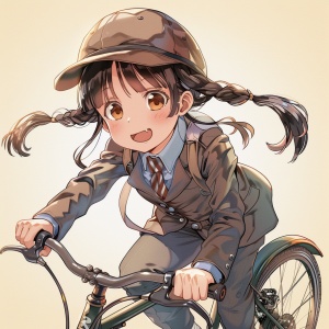 一个3岁的小女孩，穿着背带牛仔服套装，戴着帽子，扎着两条可爱的马尾辫子，微笑的表情，骑着自行车，