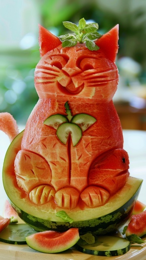 一只可爱的西瓜猫咪，从西瓜瓤上雕刻成复杂的细节，像一只可爱的小猫咪，有详细的皮毛纹理和眼睛。笑眯眯的，西瓜周围有一些切好的西瓜块上作为装饰，创造了一个视觉上吸引人的场景。这件富有创意的艺术品展示了如何用雕刻技巧改造食物，为传统烹饪技术增添了独特的色彩。