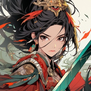 中国古代英姿飒爽女将军，正面照，手持刀剑，大眼睛，皮肤细腻白皙