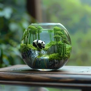 Miniature landscape , landscape bamboo forest , a black and white panda , in a glass bowl , 3d stereo effect of the mountain , blue and green color , gold lines , natural light , blurred foreground , HD 8k